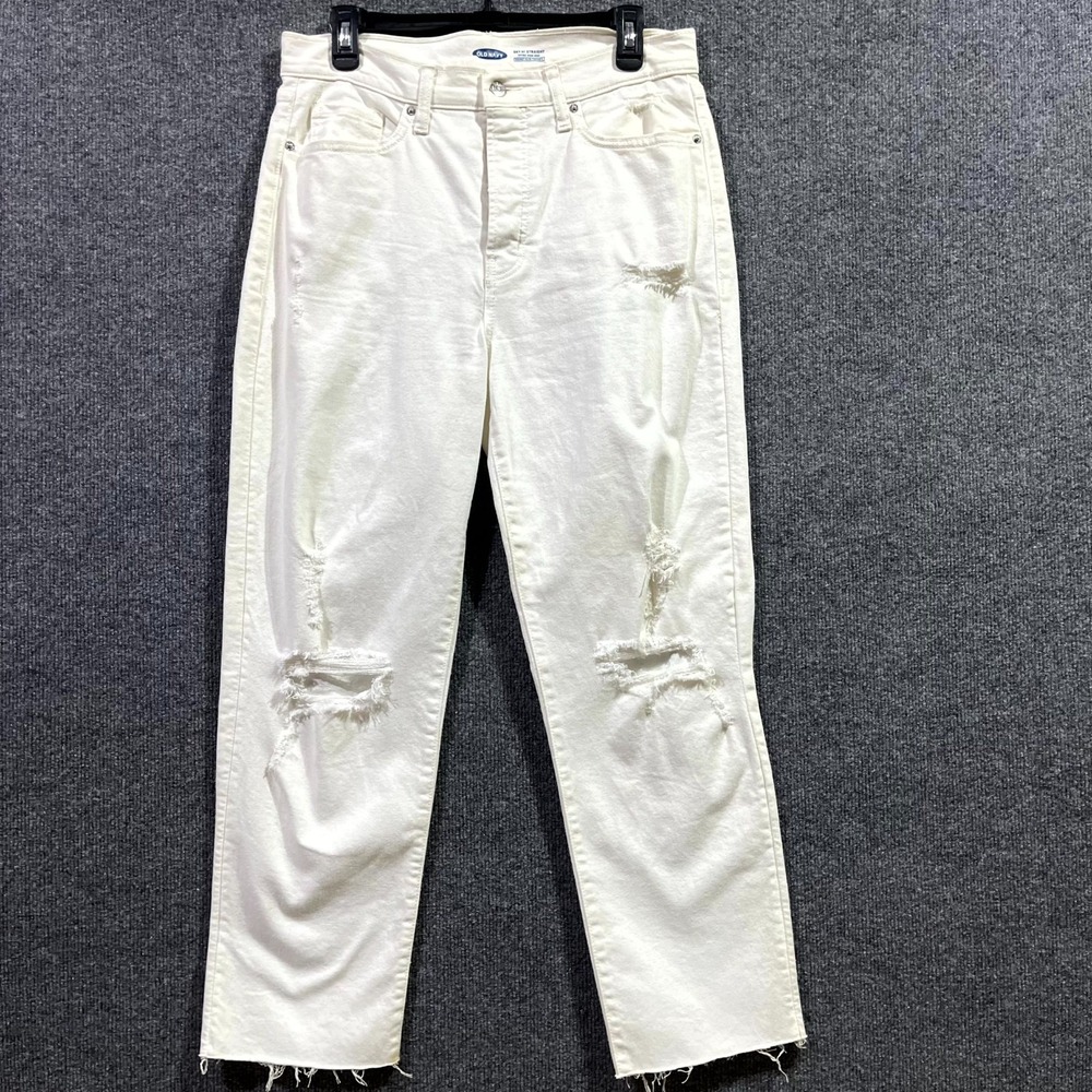 Old‎ Navy Jeans Womens 8 White Cotton Stretch Distressed Raw Hem Sky Hi Straight